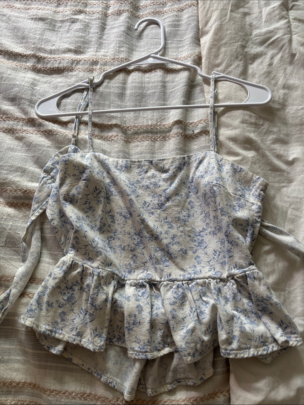 Free People Blue and Cream Floral Peplum Cami